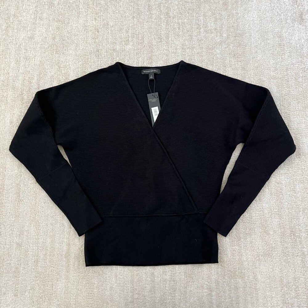 NWT Banana Republic Ribbed Faux Wrap Surplice Black Sweater S